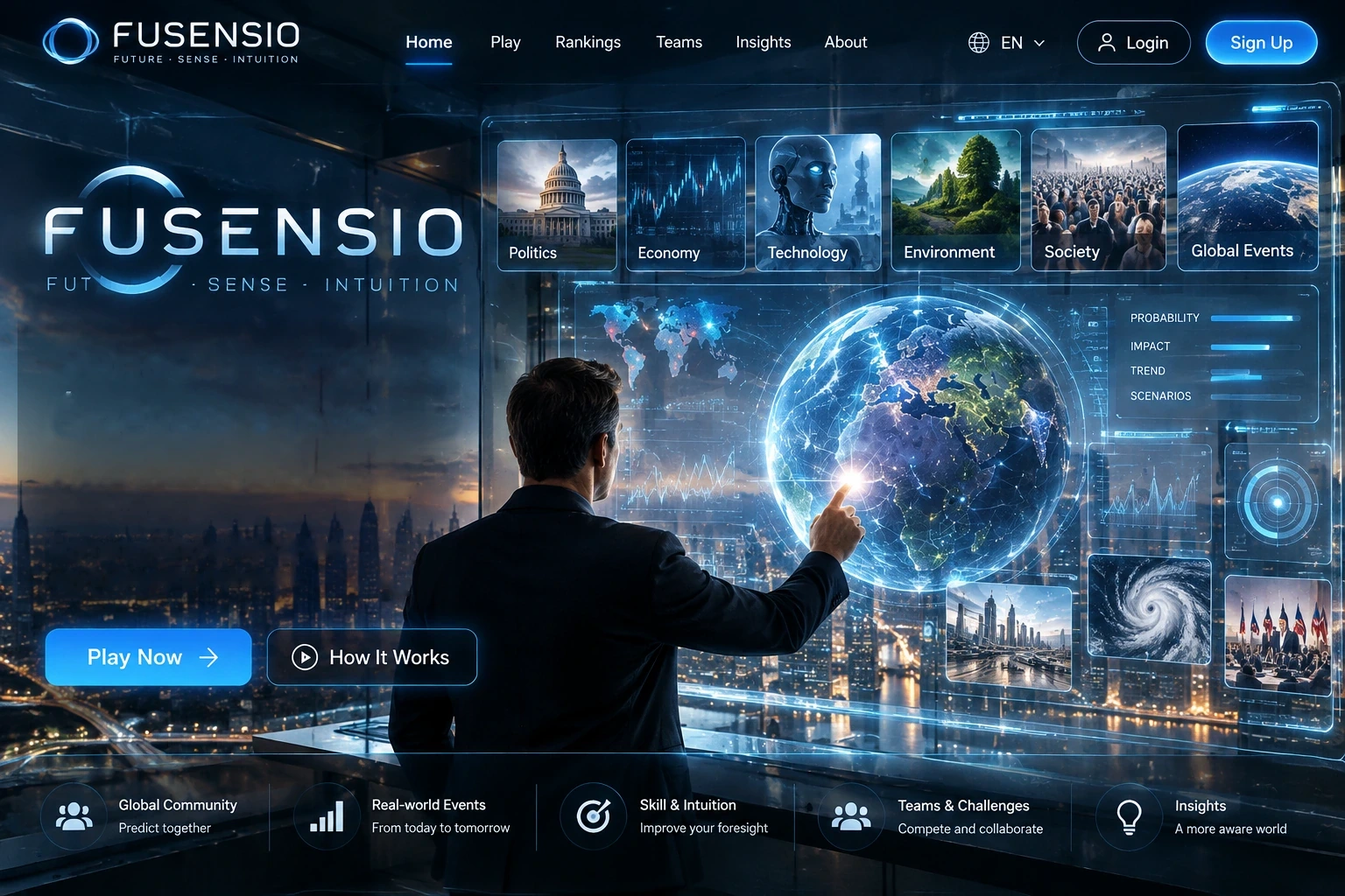 Futuristic city panorama, person reaching toward a glowing holographic Earth, six themed images and glass panels